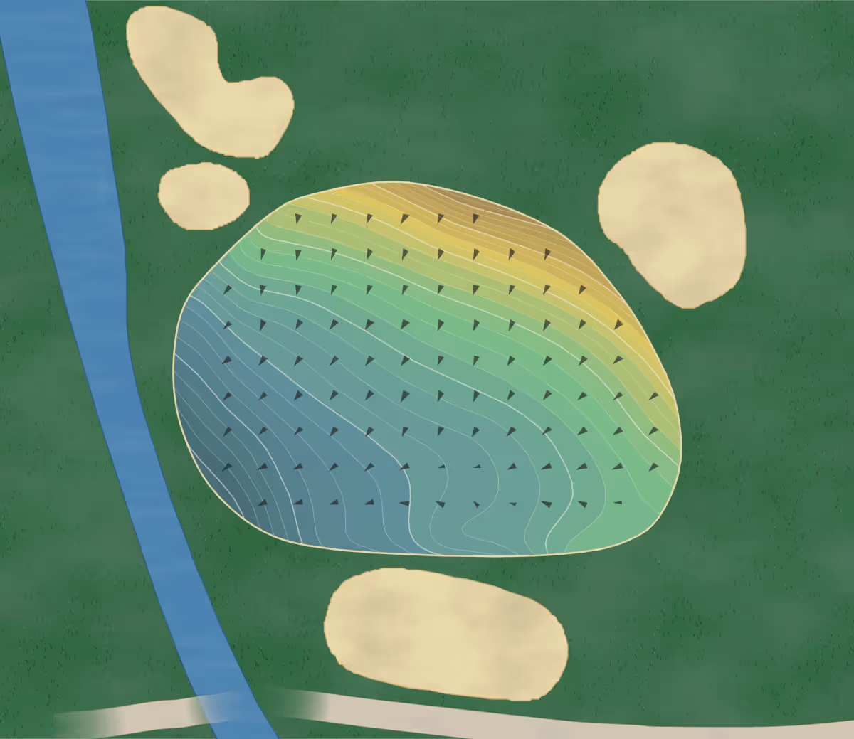 Green contour map of Rutland CC in Rutland, Vermont — 264 elevation contours at a 3-inch interval with fall-line arrows, traced from 1-meter lidar