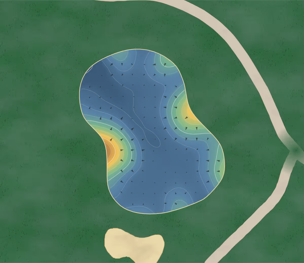 Green contour map of Ruxer in Jasper, Indiana: 104 elevation contours at a 3-inch interval with fall-line arrows, traced from 1-meter lidar