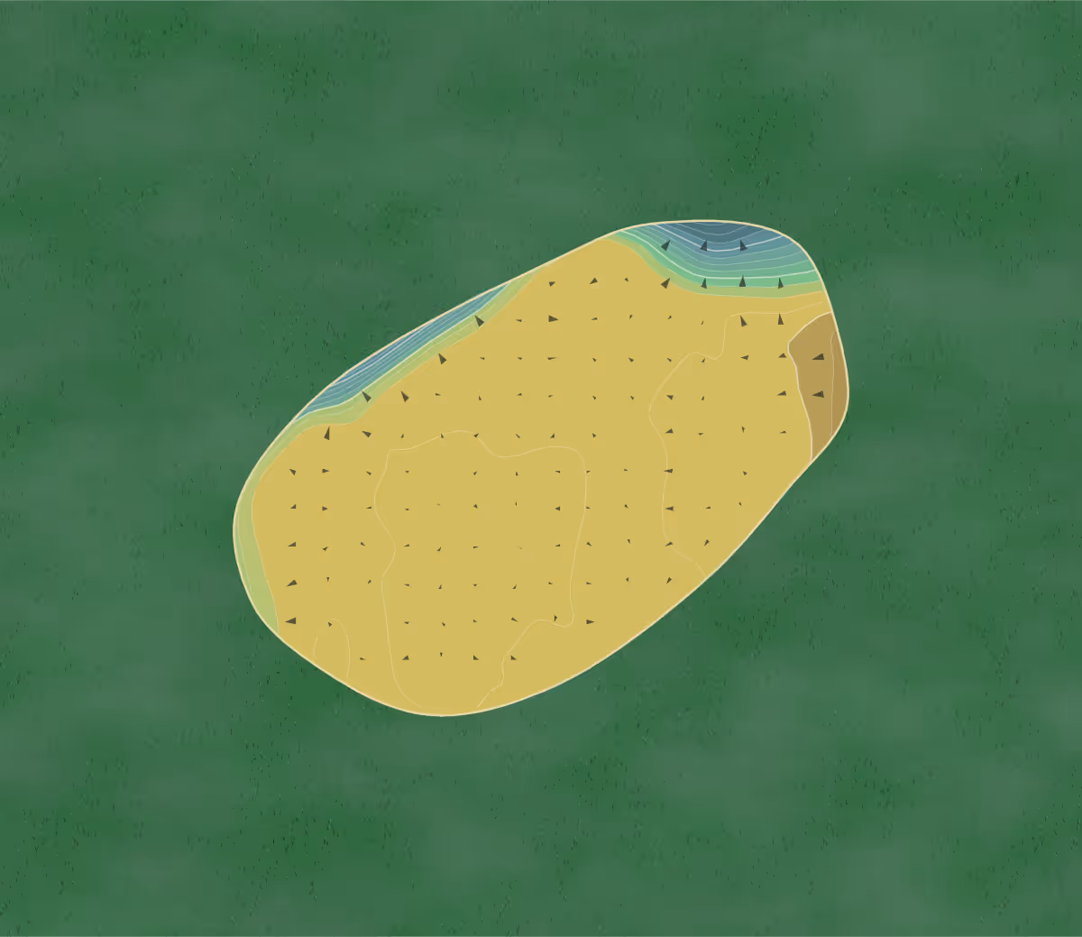 Green contour map of Ryburn GC in Sowerby Bridge, England — 126 elevation contours at a 8-centimeter interval with fall-line arrows, traced from 1-meter lidar