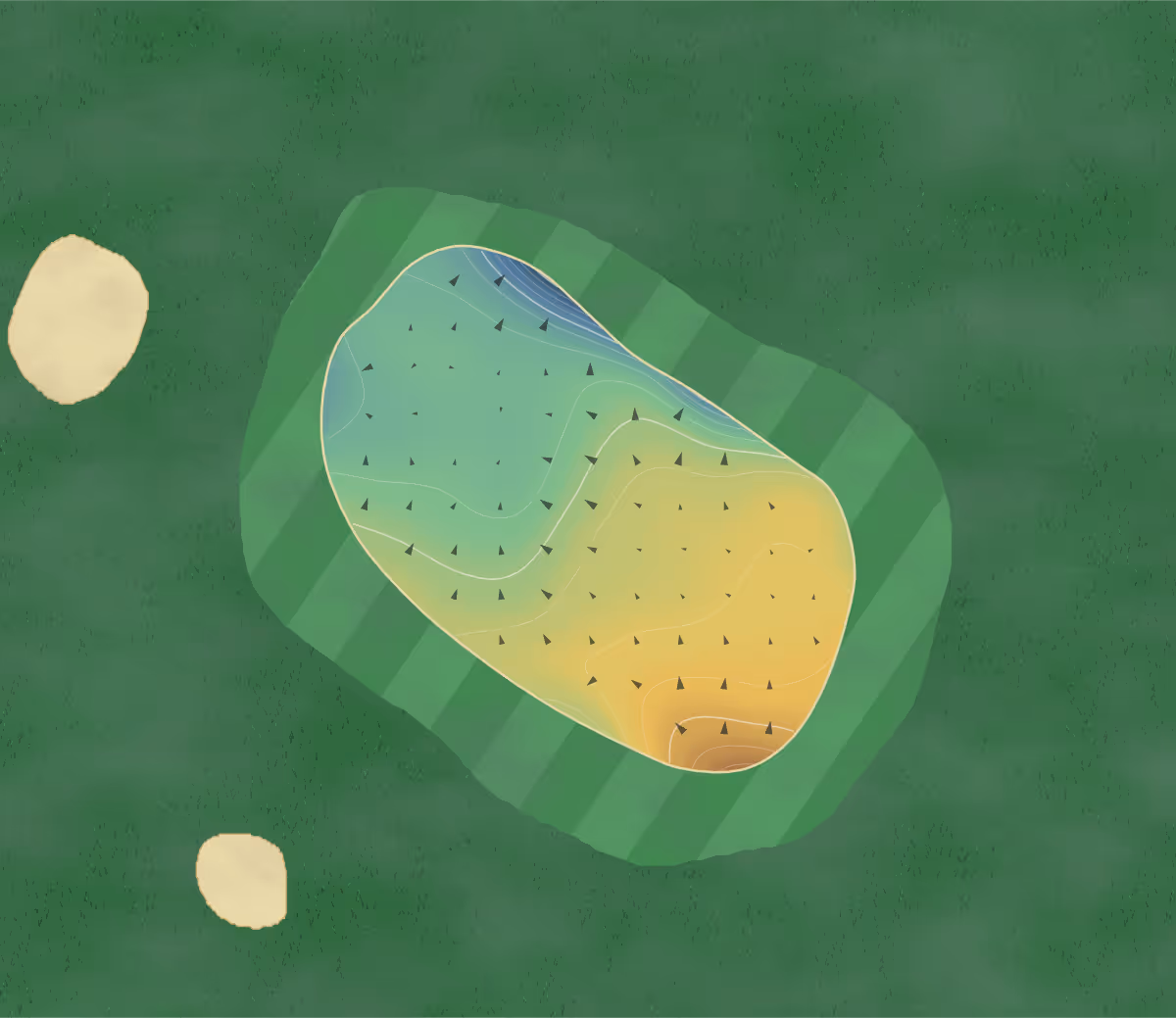 Green contour map of Rye Golf Club in Rye, England: 165 elevation contours at a 8-centimeter interval with fall-line arrows, traced from 1-meter lidar