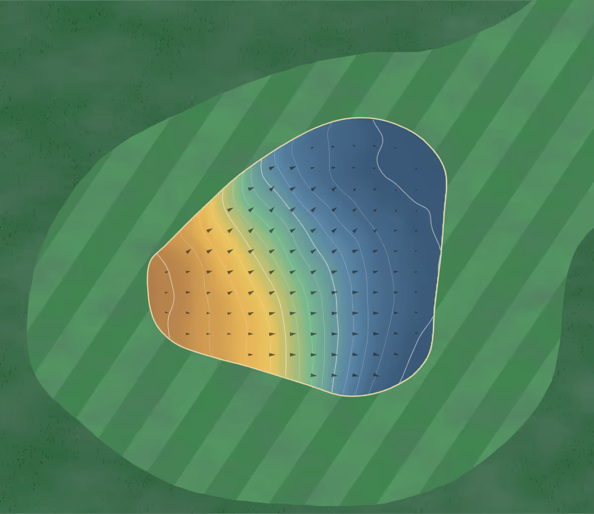 Green contour map of Rye Hill in Oxfordshire, England: 174 elevation contours at a 8-centimeter interval with fall-line arrows, traced from 1-meter lidar