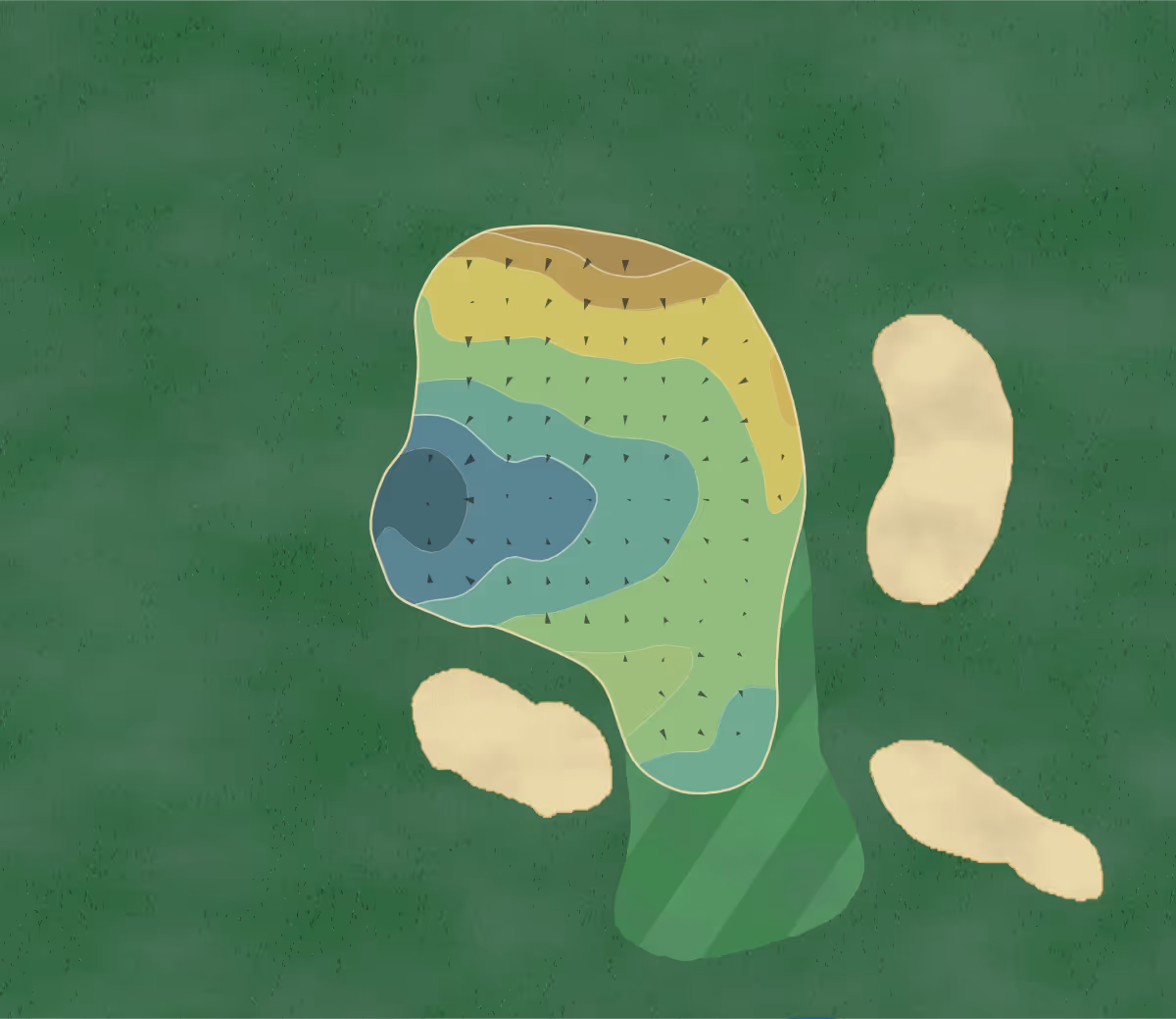 Green contour map of Ryston Park in Downham Market, England — 62 elevation contours at a 8-centimeter interval with fall-line arrows, traced from 1-meter lidar