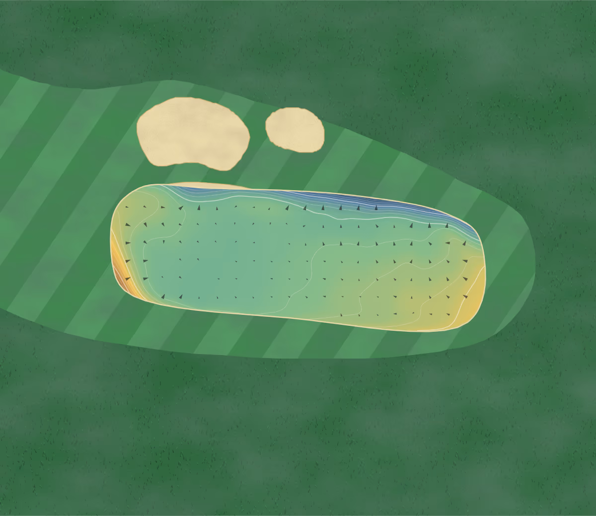 Green contour map of Ryton Golf Club in Tyne & Wear, England: 179 elevation contours at a 8-centimeter interval with fall-line arrows, traced from 1-meter lidar