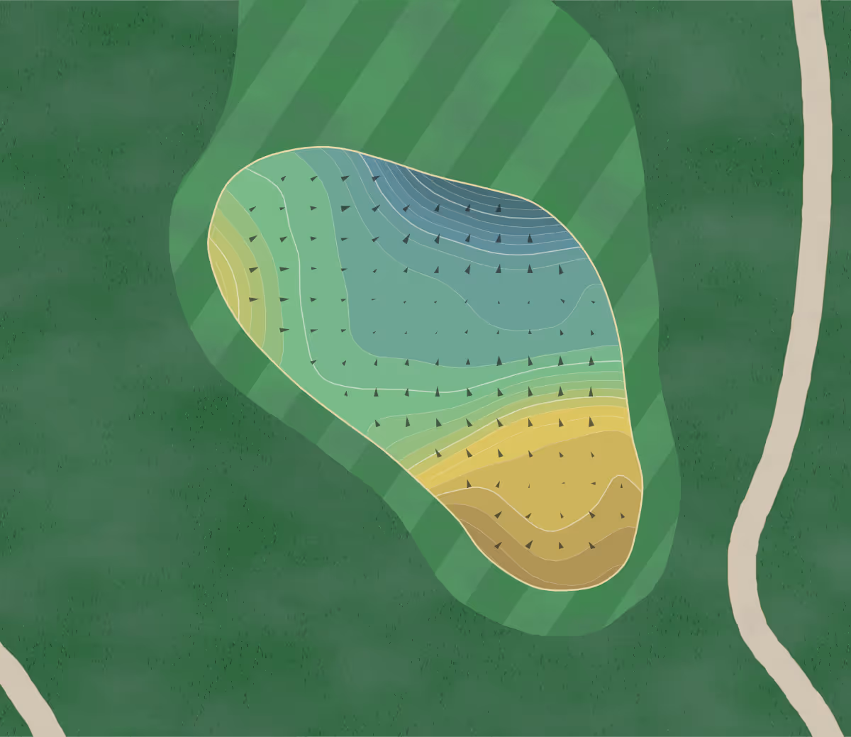 Green contour map of Saddleback Ridge in Solon, Iowa — 201 elevation contours at a 3-inch interval with fall-line arrows, traced from 1-meter lidar