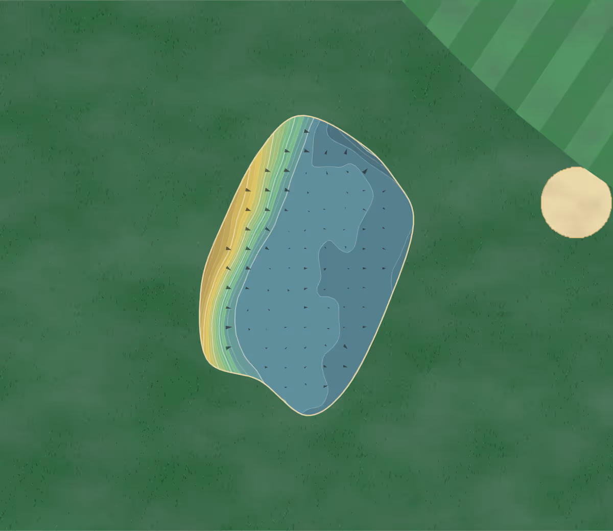 Green contour map of Saddleworth GC in Nr Oldham, England — 261 elevation contours at a 8-centimeter interval with fall-line arrows, traced from 1-meter lidar