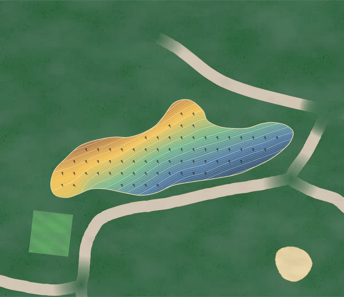 Green contour map of Saint Lucia in St Lucia, Australia — 172 elevation contours at a 8-centimeter interval with fall-line arrows, traced from 1-meter lidar