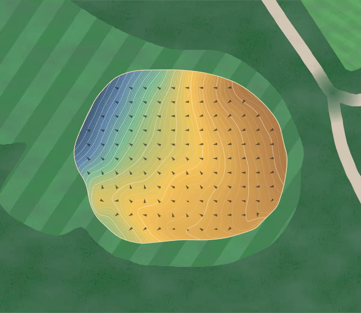 Green contour map of Salem Gc in Salem, Oregon — 598 elevation contours at a 3-inch interval with fall-line arrows, traced from 1-meter lidar