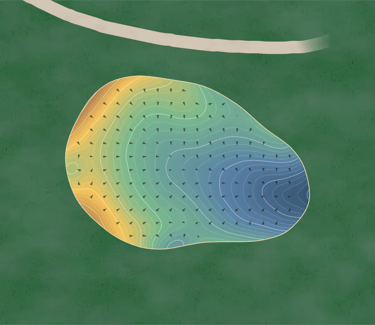 Green contour map of Sally Creek in Woodstock, Canada — 112 elevation contours at a 8-centimeter interval with fall-line arrows, traced from 1-meter lidar