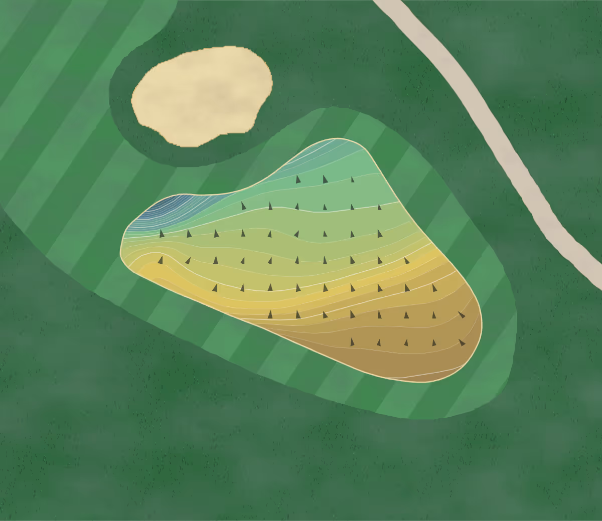 Green contour map of San Joaquin in Fresno, California — 268 elevation contours at a 3-inch interval with fall-line arrows, traced from 1-meter lidar