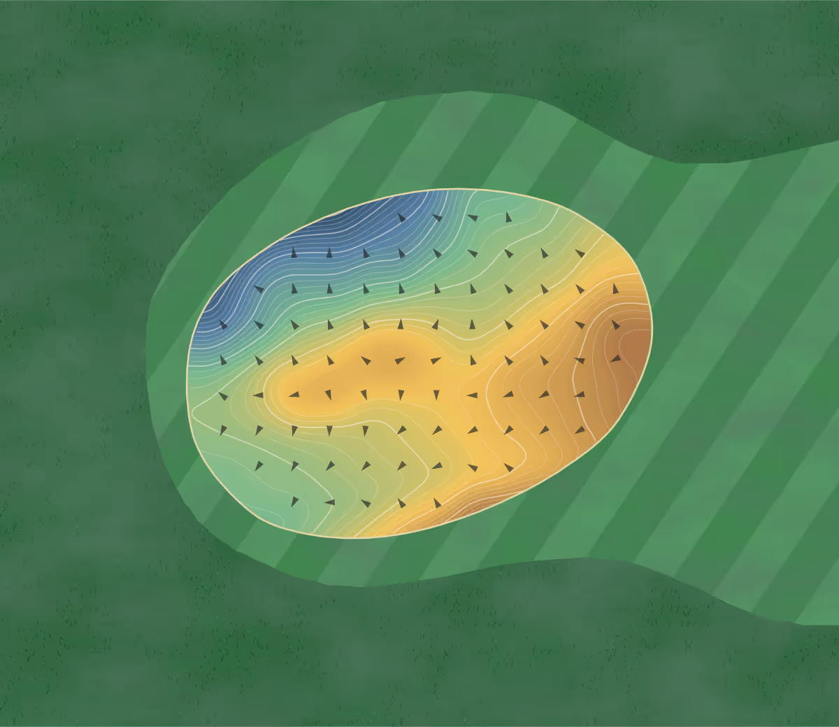 Green contour map of San Juan Golf & Tennis in Friday Harbor, Washington: 151 elevation contours at a 3-inch interval with fall-line arrows, traced from 1-meter lidar