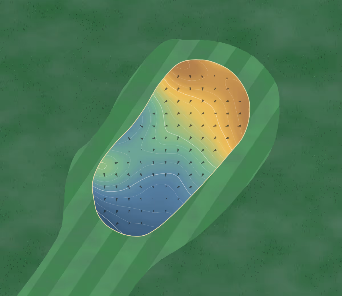 Green contour map of Sanborn Golf in Sanborn, Iowa — 109 elevation contours at a 3-inch interval with fall-line arrows, traced from 1-meter lidar
