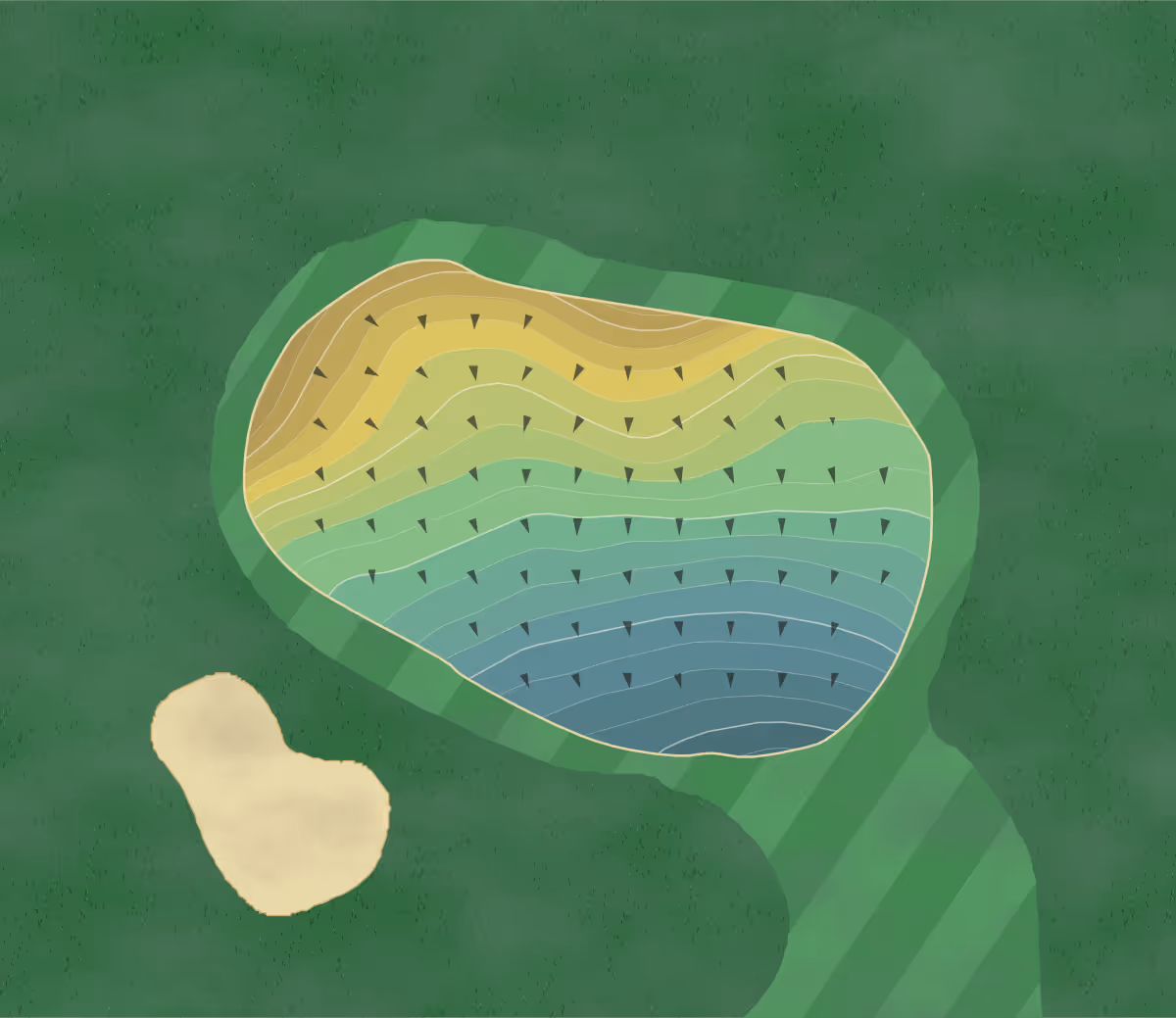 Green contour map of Sanctuary Lake in Troy, Michigan — 190 elevation contours at a 3-inch interval with fall-line arrows, traced from 1-meter lidar