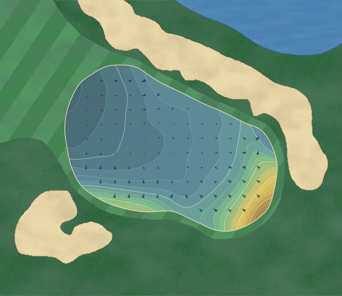 Green contour map of Sand Creek in Newton, Kansas — 305 elevation contours at a 3-inch interval with fall-line arrows, traced from 1-meter lidar