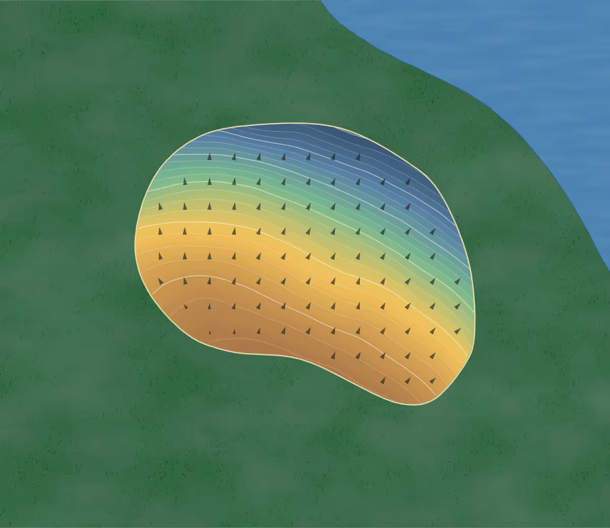 Green contour map of Sand Point in Arnprior, Canada: 232 elevation contours at a 8-centimeter interval with fall-line arrows, traced from 1-meter lidar