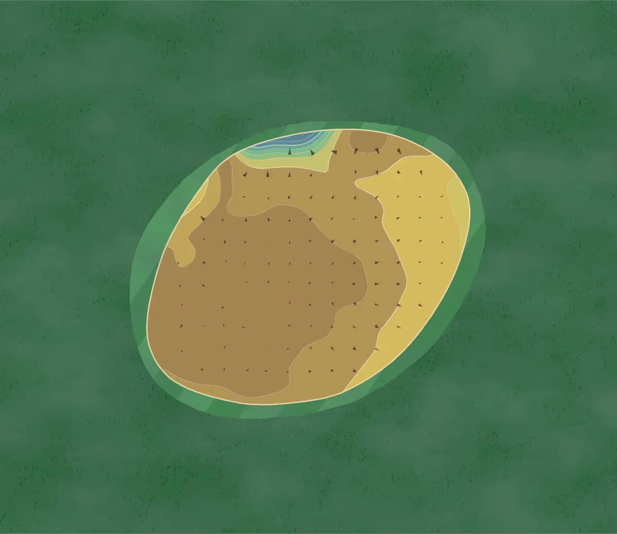 Green contour map of Sandburn Hall in York, England — 95 elevation contours at a 8-centimeter interval with fall-line arrows, traced from 1-meter lidar