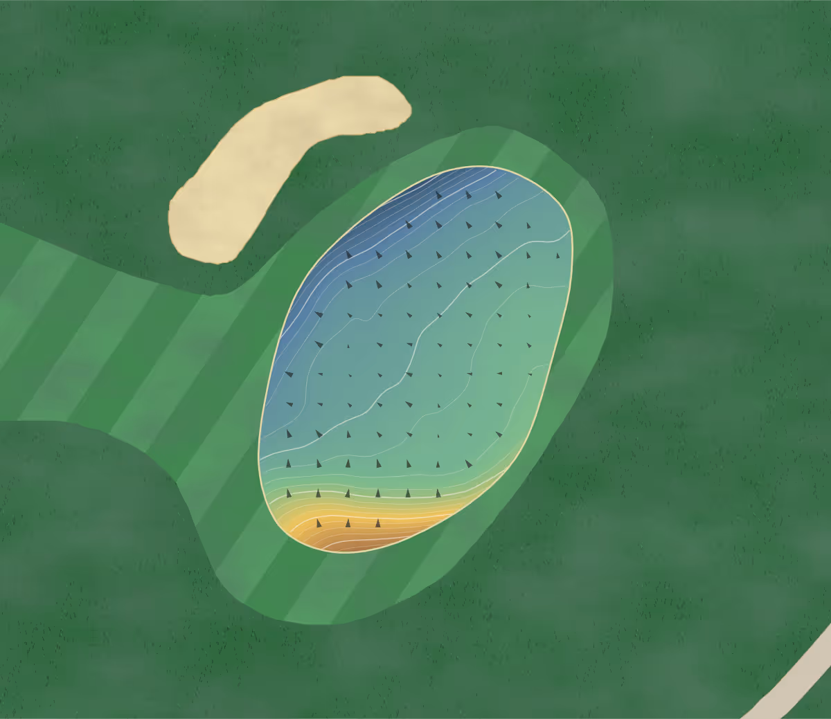 Green contour map of Sandford Springs in Basingstoke, England: 249 elevation contours at a 8-centimeter interval with fall-line arrows, traced from 1-meter lidar