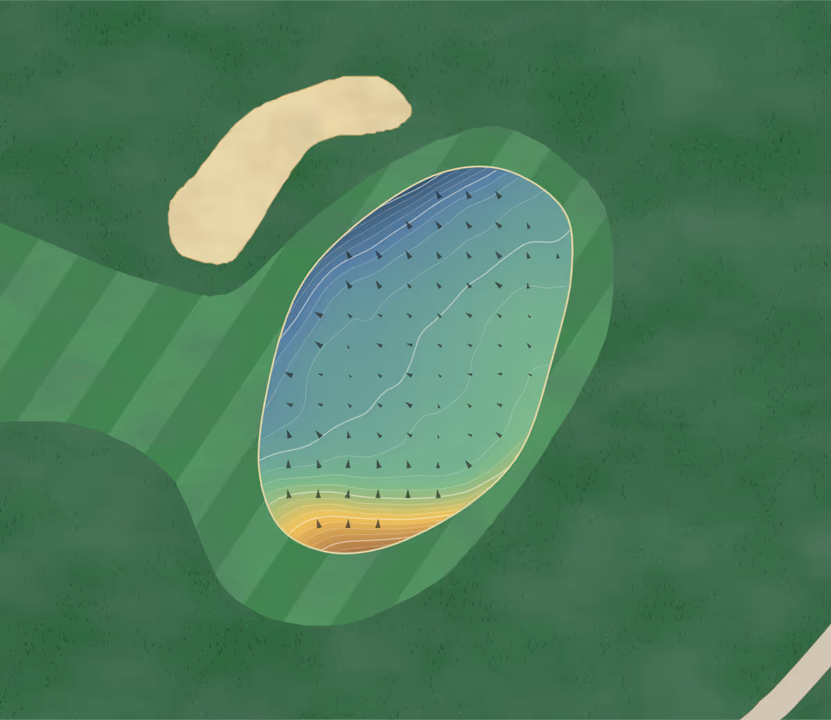 Green contour map of Sandford Springs in Basingstoke, Hampshire, England — 181 elevation contours at a 8-centimeter interval with fall-line arrows, traced from 1-meter lidar