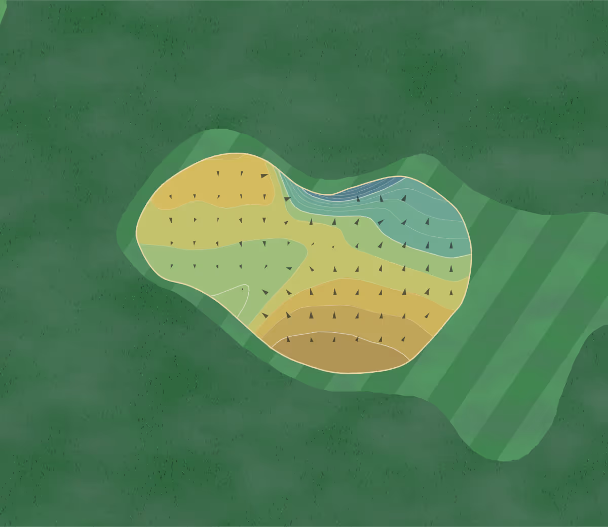 Green contour map of Sandhill GC in Barnsley, England — 161 elevation contours at a 8-centimeter interval with fall-line arrows, traced from 1-meter lidar
