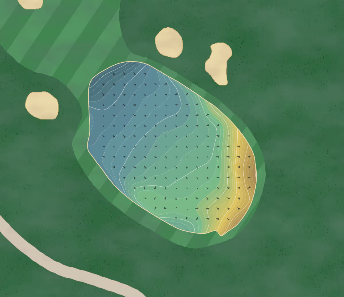 Green contour map of Sandiway GC in Northwich, England — 191 elevation contours at a 8-centimeter interval with fall-line arrows, traced from 1-meter lidar