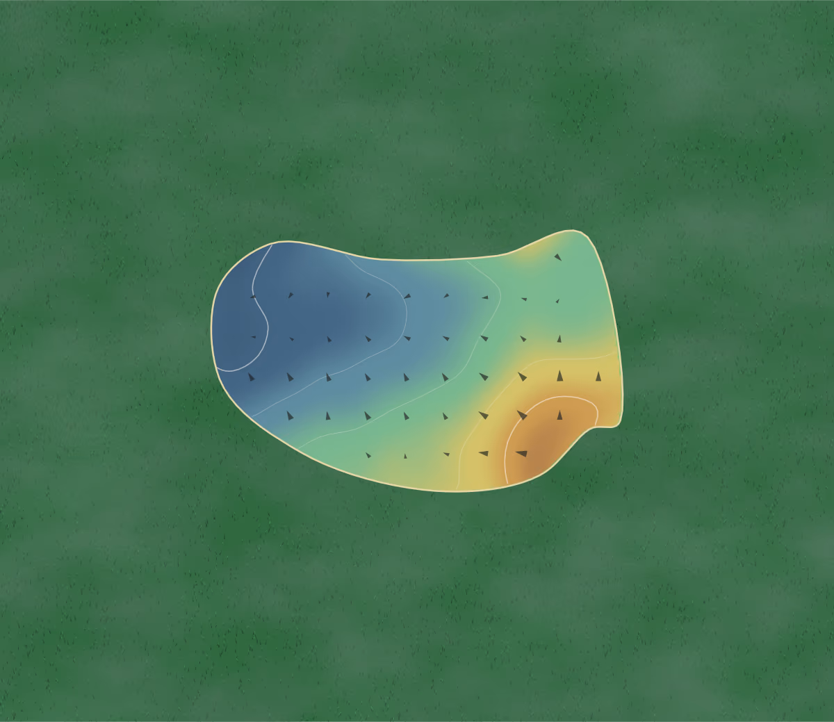 Green contour map of Sandown Park in Esher, England: 5 elevation contours at a 8-centimeter interval with fall-line arrows, traced from 1-meter lidar
