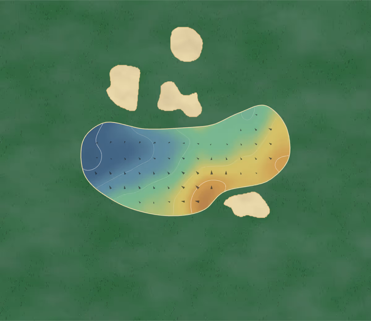 Green contour map of Sandown Park - Colt in Esher, England — 36 elevation contours at a 8-centimeter interval with fall-line arrows, traced from 1-meter lidar