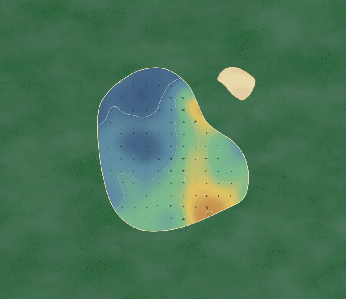 Green contour map of Sandown Park - Eclipse in Esher, England — 41 elevation contours at a 8-centimeter interval with fall-line arrows, traced from 1-meter lidar