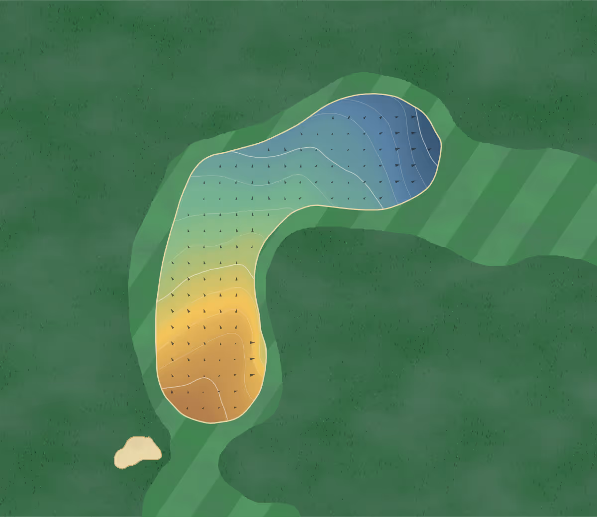 Green contour map of Sandown Park in Esher, England: 76 elevation contours at a 8-centimeter interval with fall-line arrows, traced from 1-meter lidar