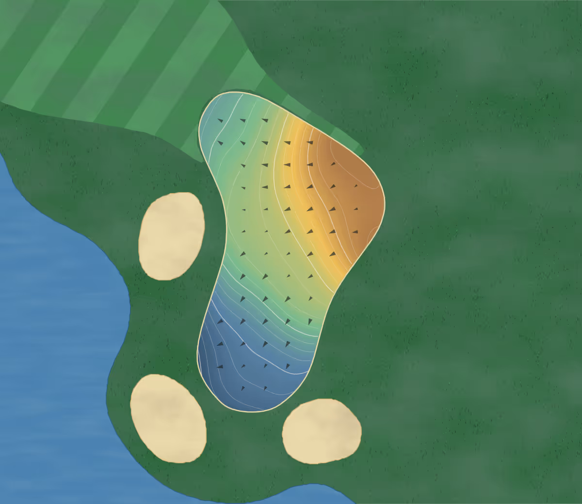 Green contour map of Sandridge in Vero Beach, Florida — 135 elevation contours at a 3-inch interval with fall-line arrows, traced from 1-meter lidar