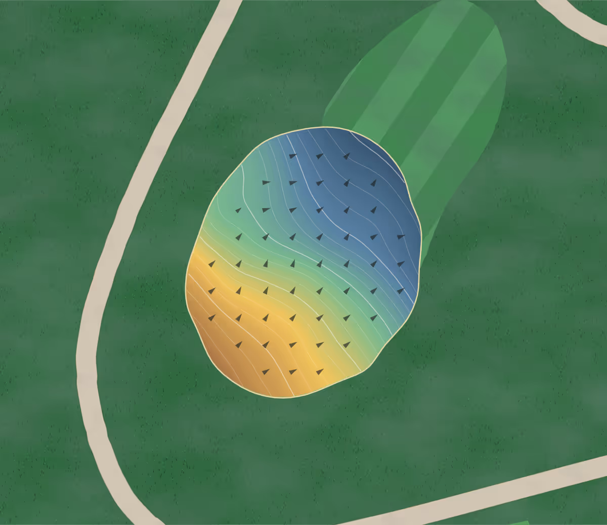 Green contour map of Sandusk in Jarvis, Canada — 157 elevation contours at a 8-centimeter interval with fall-line arrows, traced from 1-meter lidar