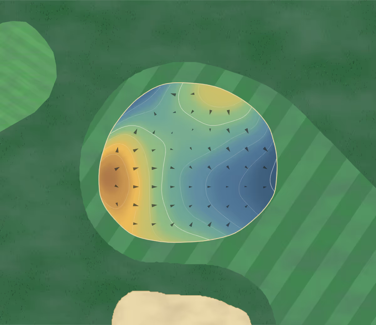 Green contour map of Sarah Shank in Indianapolis, Indiana — 156 elevation contours at a 3-inch interval with fall-line arrows, traced from 1-meter lidar