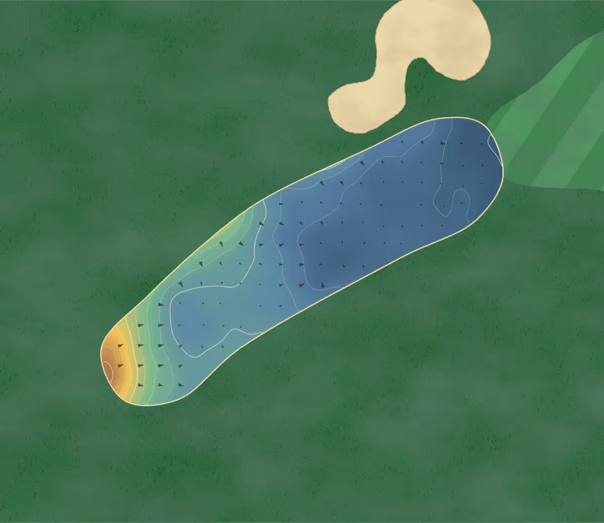Green contour map of Sarnia in Sarnia, Canada: 95 elevation contours at a 8-centimeter interval with fall-line arrows, traced from 1-meter lidar