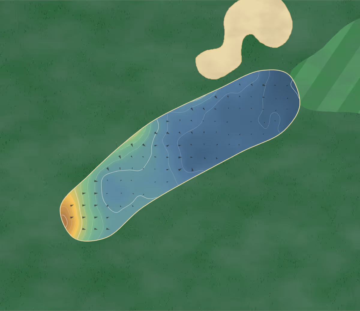 Green contour map of Sarnia Golf & Curling in Sarnia, Canada — 95 elevation contours at a 8-centimeter interval with fall-line arrows, traced from 1-meter lidar