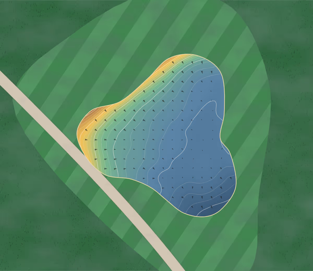 Green contour map of Sask Landing in Lacadena, Canada: 44 elevation contours at a 8-centimeter interval with fall-line arrows, traced from 1-meter lidar