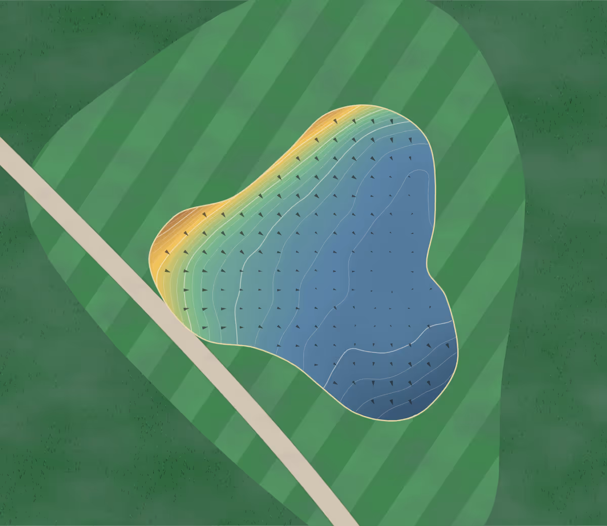 Green contour map of Sask Landing in Lacadena No. 228, Canada — 46 elevation contours at a 8-centimeter interval with fall-line arrows, traced from 1-meter lidar