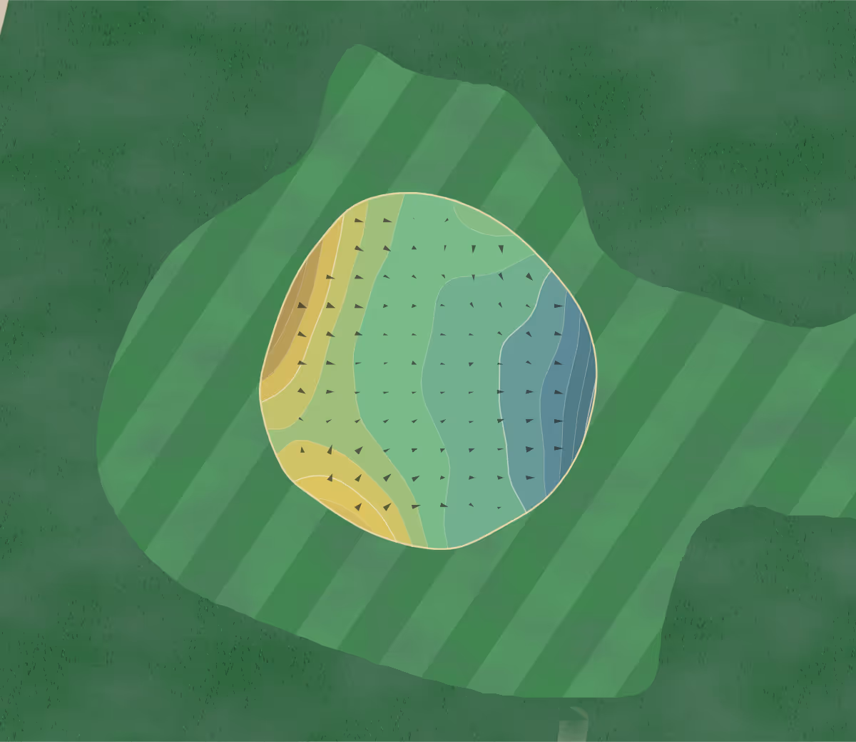 Green contour map of Sauda Golfklubb in Saudasjøen, Norway — 91 elevation contours at a 8-centimeter interval with fall-line arrows, traced from 1-meter lidar