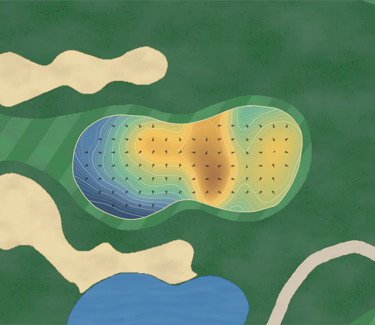 Green contour map of Savage Creek in Richmond, Canada — 422 elevation contours at a 8-centimeter interval with fall-line arrows, traced from 1-meter lidar