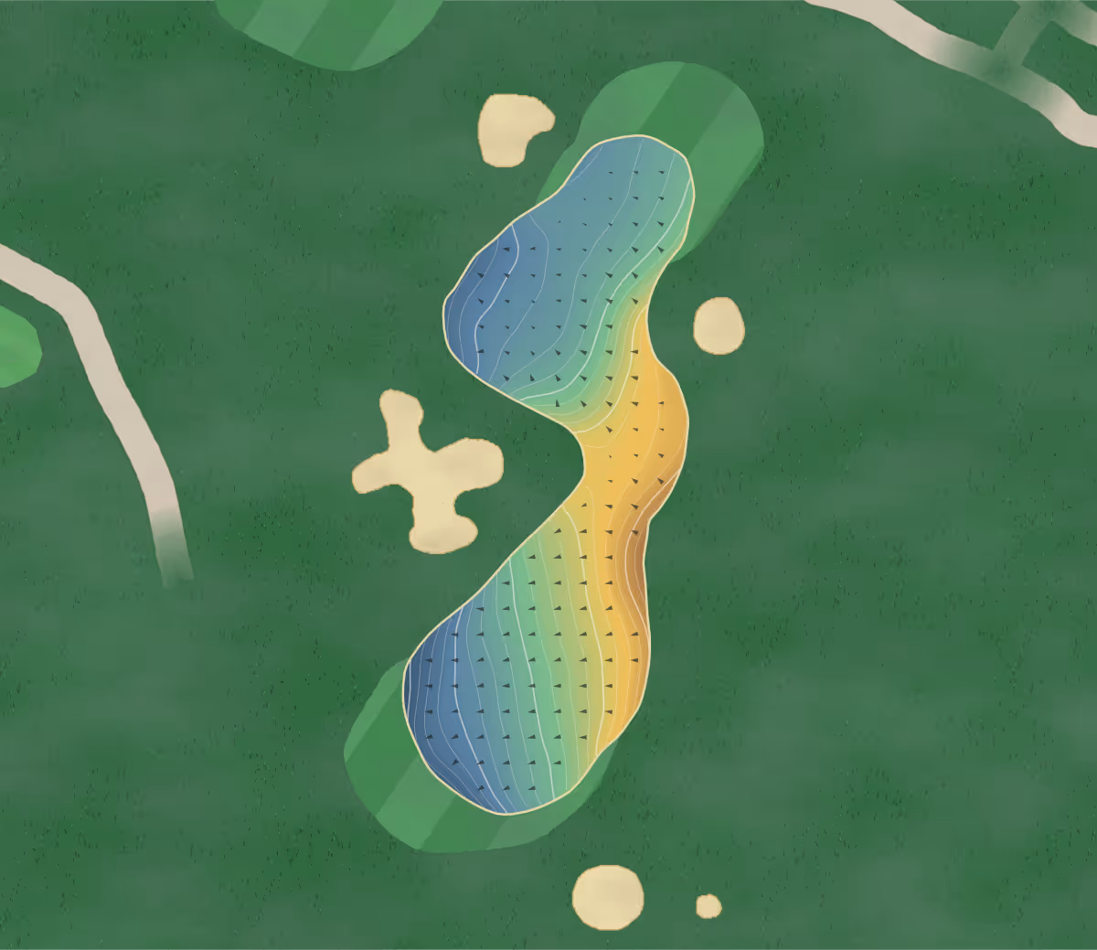 Green contour map of Savannah in Cambridge, Canada — 198 elevation contours at a 8-centimeter interval with fall-line arrows, traced from 1-meter lidar