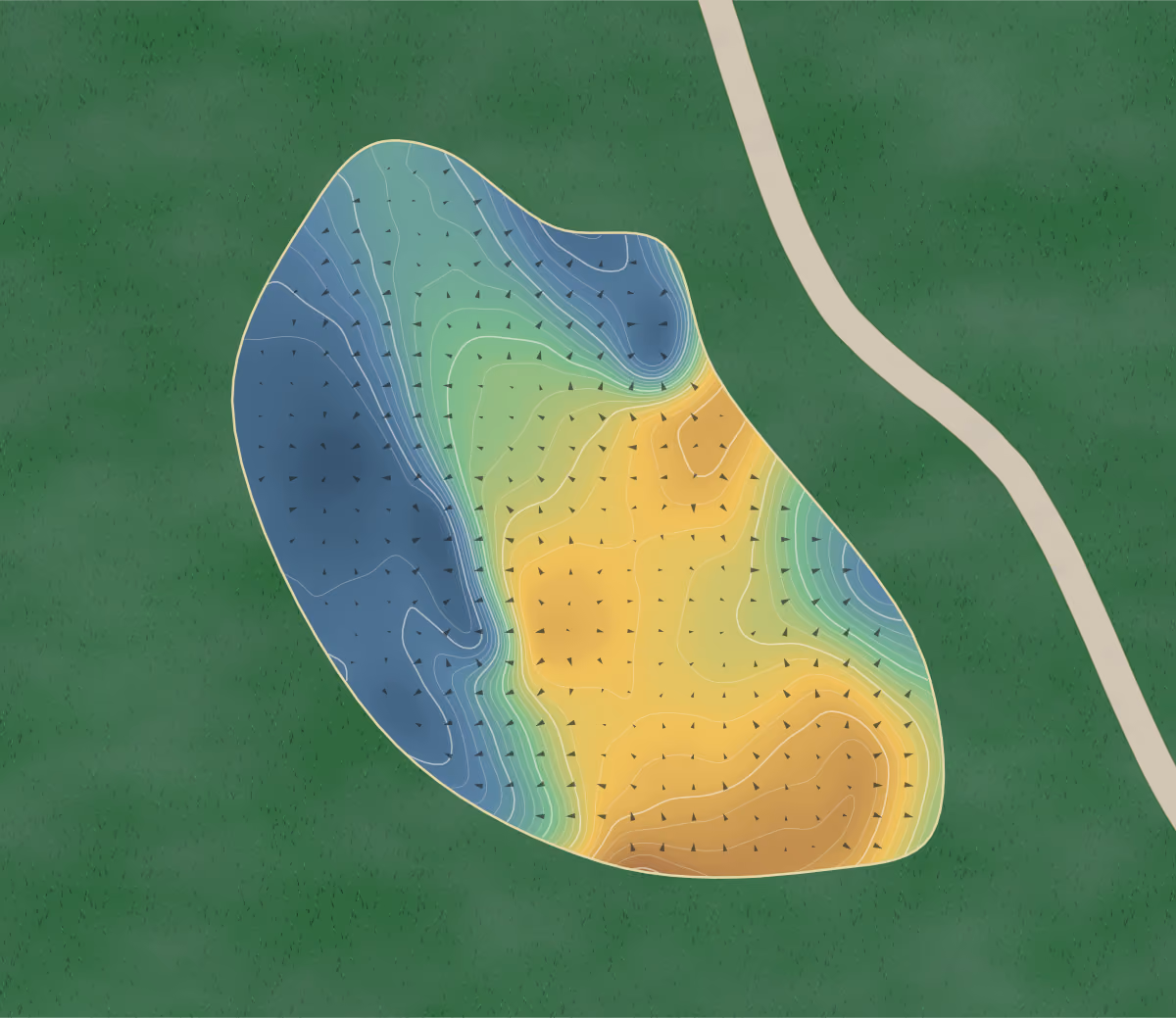Green contour map of Savannah Quarters in Pooler, Georgia: 56 elevation contours at a 3-inch interval with fall-line arrows, traced from 1-meter lidar