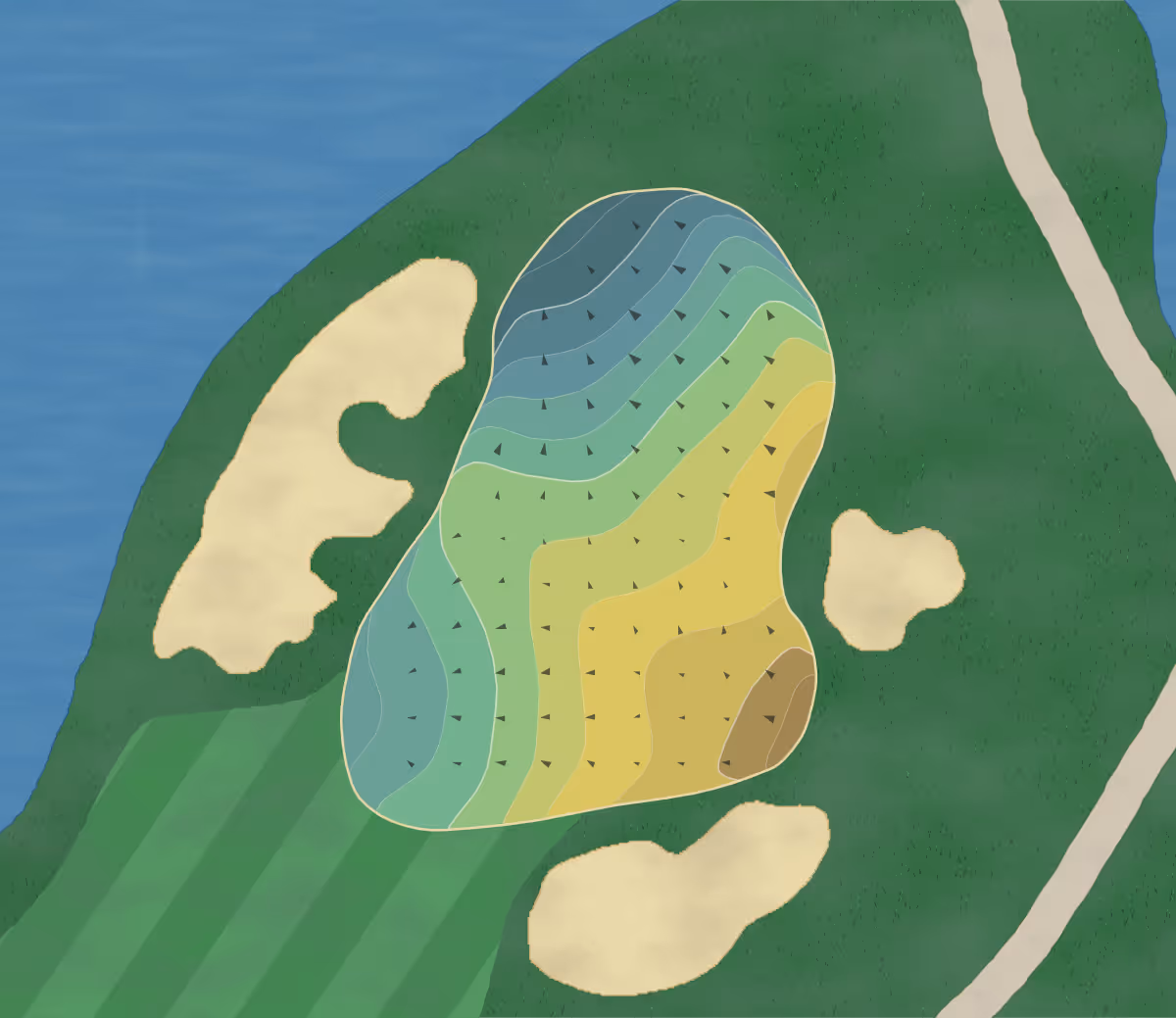 Green contour map of Sawgrass in Ponte Vedra Beach, Florida — 122 elevation contours at a 3-inch interval with fall-line arrows, traced from 1-meter lidar