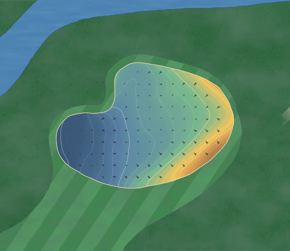 Green contour map of Sawmill Golf Course in Fenwick, Canada — 173 elevation contours at a 8-centimeter interval with fall-line arrows, traced from 1-meter lidar