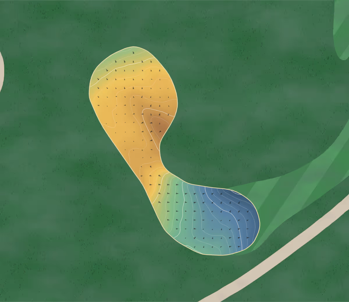 Green contour map of Sawmill Woods in Ellsworth, Maine — 95 elevation contours at a 3-inch interval with fall-line arrows, traced from 1-meter lidar