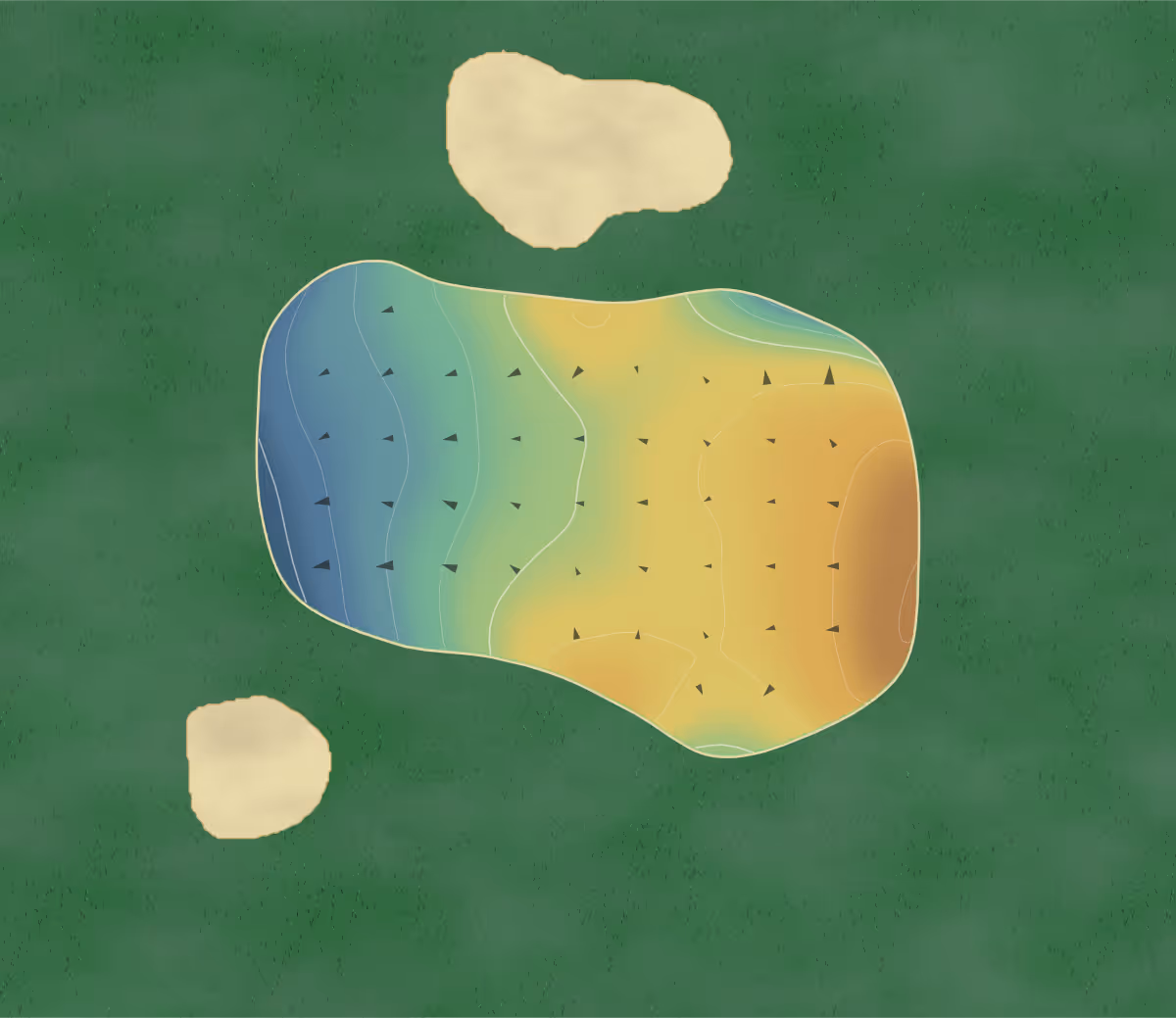 Green contour map of Sawtell in Sawtell, Australia — 160 elevation contours at a 8-centimeter interval with fall-line arrows, traced from 1-meter lidar
