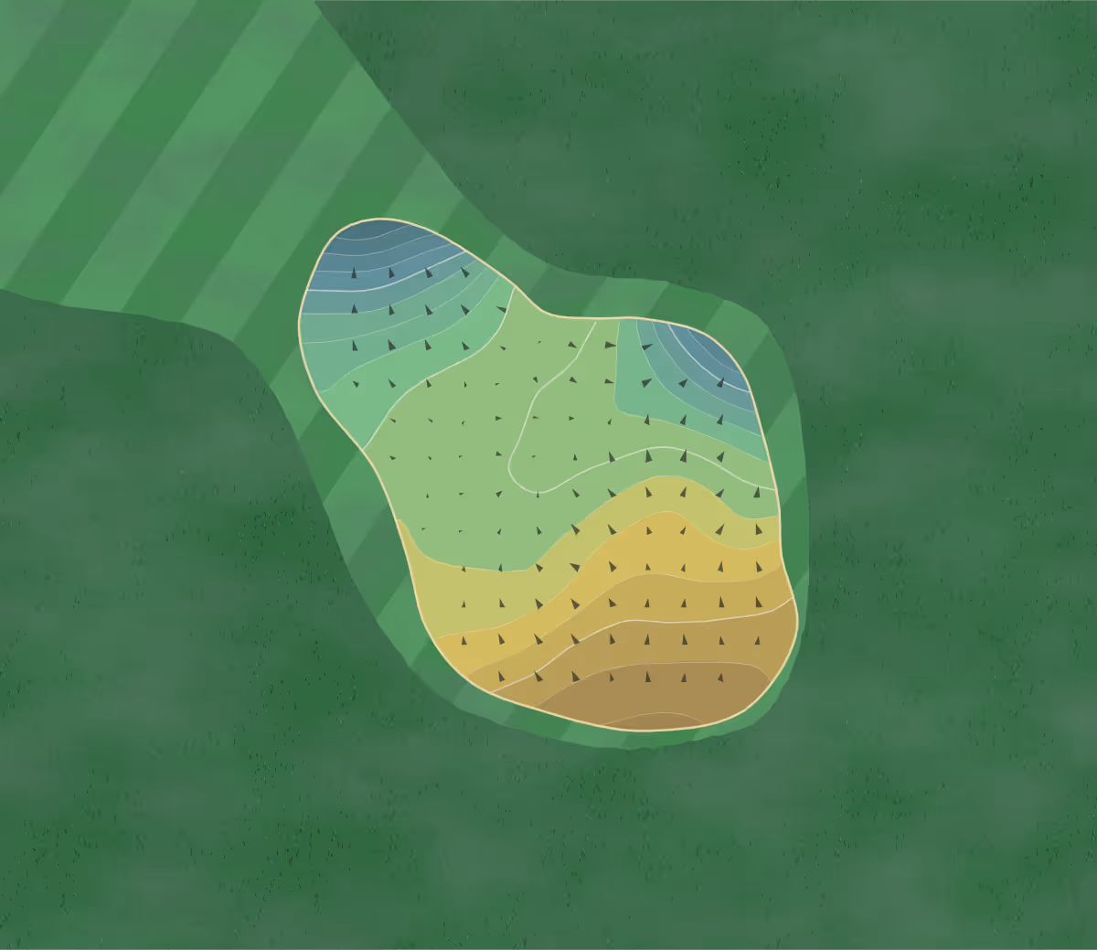 Green contour map of North Cliff in Scarborough, England — 201 elevation contours at a 8-centimeter interval with fall-line arrows, traced from 1-meter lidar