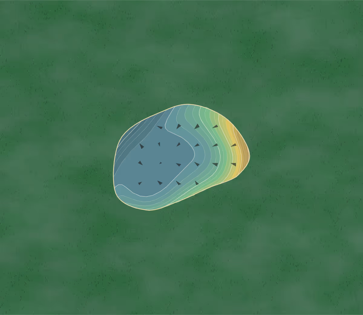 Green contour map of Scarcroft GC in Leeds, England — 252 elevation contours at a 8-centimeter interval with fall-line arrows, traced from 1-meter lidar