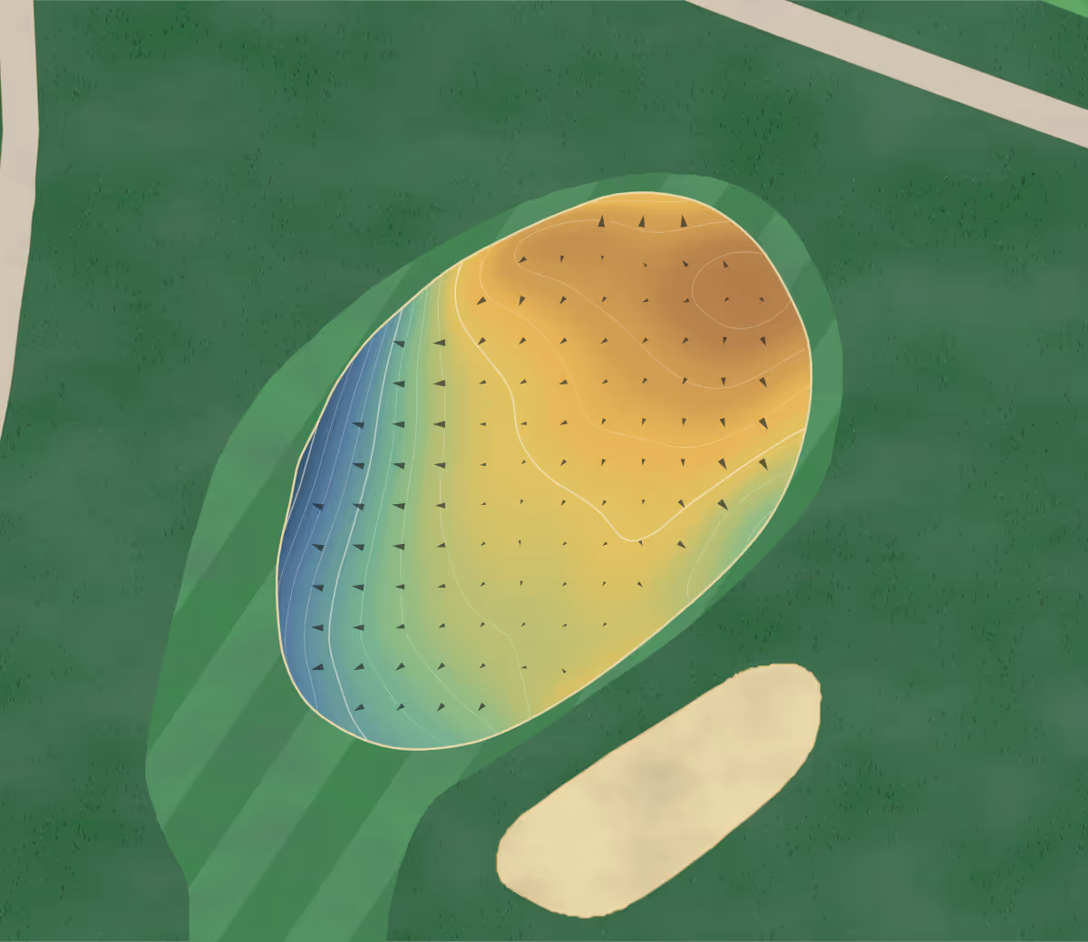 Green contour map of Scherwood Gc in Schererville, Indiana — 138 elevation contours at a 3-inch interval with fall-line arrows, traced from 1-meter lidar