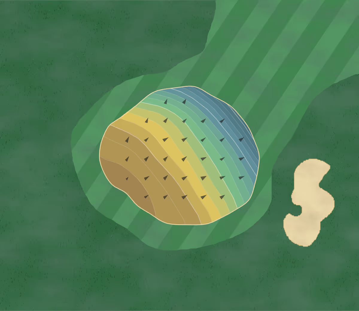 Green contour map of Scott Greens in Scott Twp., Pennsylvania — 61 elevation contours at a 3-inch interval with fall-line arrows, traced from 1-meter lidar