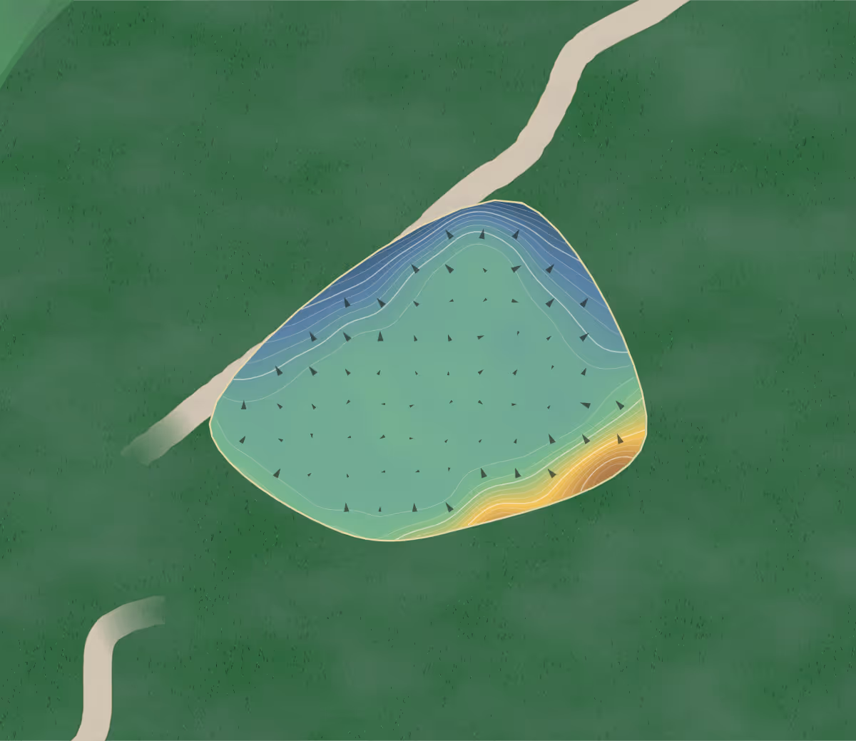 Green contour map of Scrabo in Newtownards, Northern Ireland: 216 elevation contours at a 8-centimeter interval with fall-line arrows, traced from 1-meter lidar