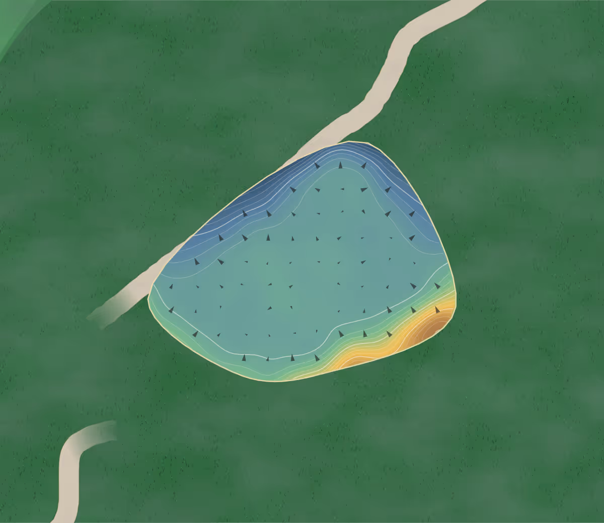 Green contour map of Scrabo in Newtownards, Northern Ireland — 249 elevation contours at a 8-centimeter interval with fall-line arrows, traced from 1-meter lidar