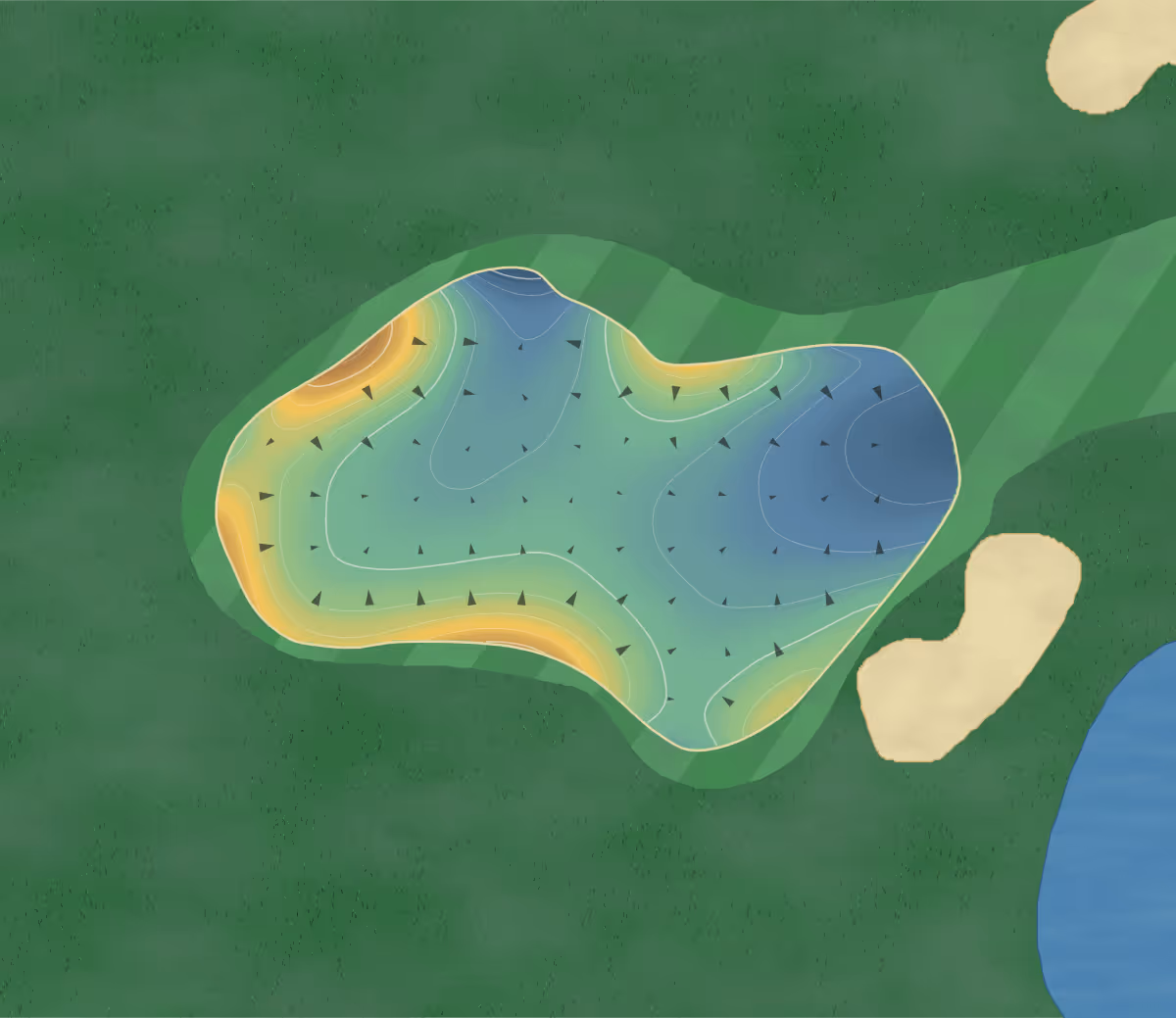 Green contour map of Sea Pines in Bluffton, South Carolina — 135 elevation contours at a 3-inch interval with fall-line arrows, traced from 1-meter lidar