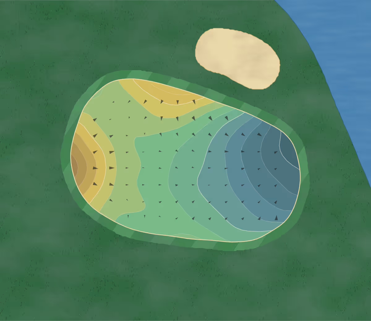 Green contour map of Sea Trail in Sunset Beach, North Carolina — 212 elevation contours at a 3-inch interval with fall-line arrows, traced from 1-meter lidar